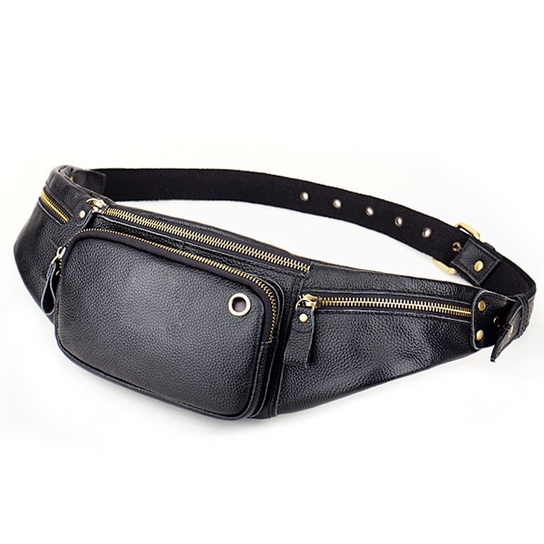 Äkta Läder Slim Midjeväsk för Man & Kvinna, Vintage Design & 4 Ficka med Blixtlås & Justerbar Rem, Handgjord, Stor Kapacitet Midjeväsk Crossbody