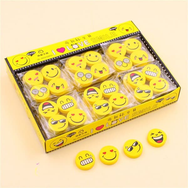Viskelær, sett med 64, Smiley viskelær, blyantviskelær, viskelær for barn