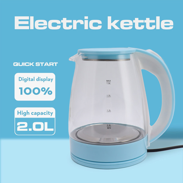 1800W Elektrisk Vandkoger 2L Varmt Vandkoger Bred Åbning Glas Tekoger Automatisk Afbrydelse Kogtør Beskyttelse EU Stik 220V Blå