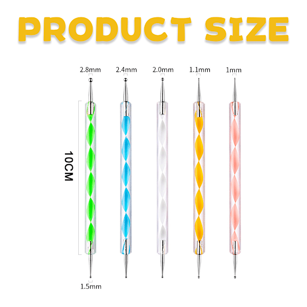 5-pack nagelprickpenna-set, nagellacksmålning, manikyr, prickar, nagelkonst, dubbeländad nagelkonstspets, borr
