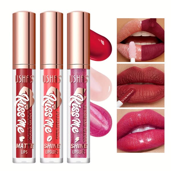 3-piece lip gloss set, moisturizing matte with fine shimmer, waterproof and smudge-proof, US004A+B