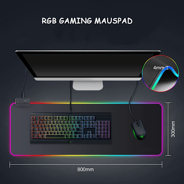 Gaming musmatta RGB musmatta 800x300 mm XXL spelmusmatta stor med 14 ljuslägen 7 LED-färger Vattentät halkfri för dator PC