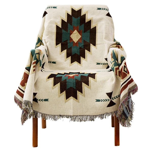 Boho-filt med fransar, amerikansk etnisk stil vävd sängöverkast, geometrisk stickad filt med tofsar jacquard, dekorativ för hem, kontor, resor