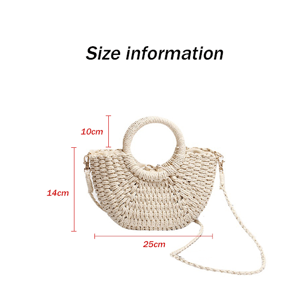 Halvmåne Halm Väska, Handvävd Kvinna Sommar Retro Strand Tote Axelväska Crossbody Resa Strandväska