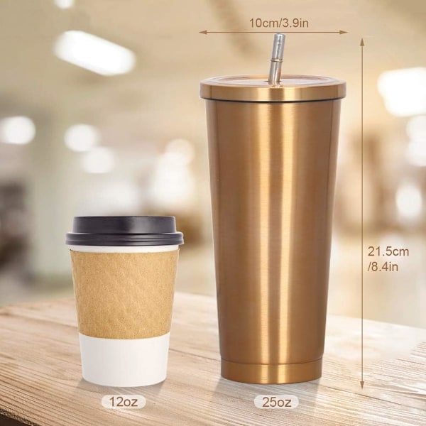 750 ml resekopp, dubbelväggig kopp i rostfritt stål, vakuumisolerad vattenflaska, isolerad vattenkaffekopp, dubbelväggkopp med sugrör, borste och