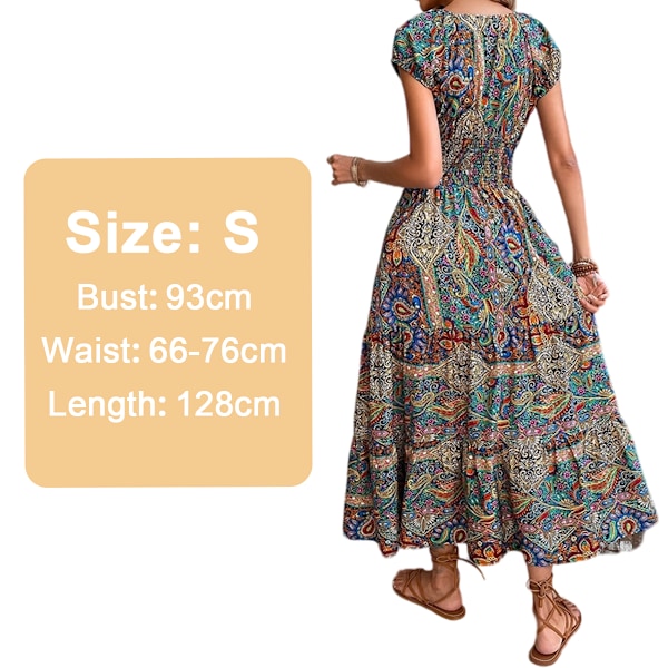 Kvindes Boho V-hals Blomsterprint Rufflet Ærme Maxi Kjole Bohemian Kapærme Høj Smocked Talje