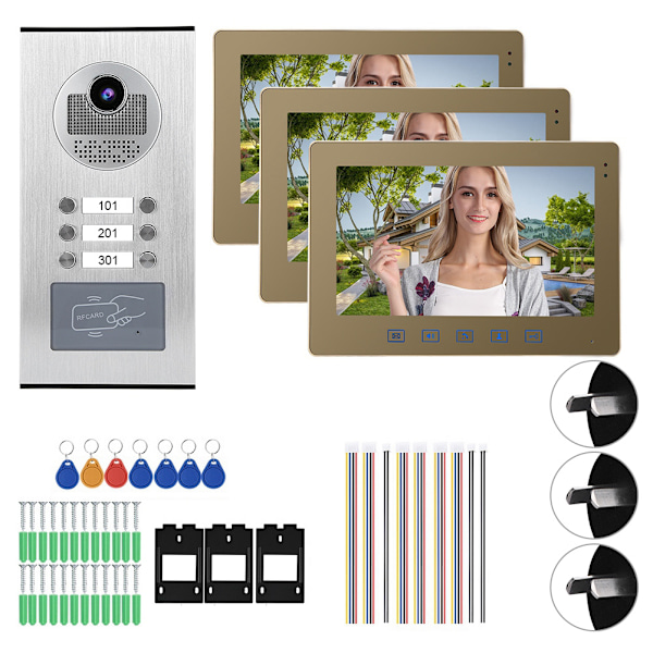 10-tums Videodörrtelefon med 3 Monitorer, Nattseende, Intercom, Dörrklocka, Hemåtkomstsystem, 100-240V (AU)