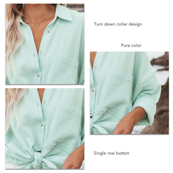 Kvinnors Knapp-Ner Långärmad Skjorta Mode Casual Lös Nedåtvänd Krage Ren Färg Dam V-Hals Långärmad Blus Mintgrön XL