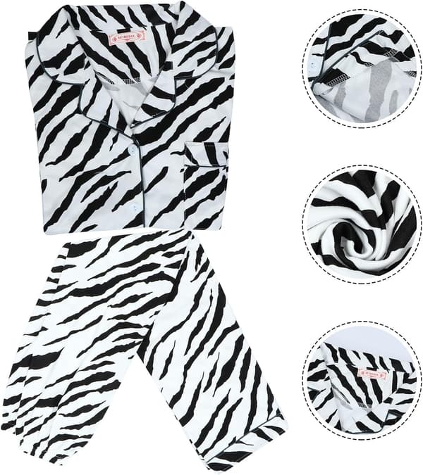 Pyjamas til kvinder med zebraprint, langærmede, lette forårs- og efterårspyjamas med reverskrave til hjem og fritid[TT]