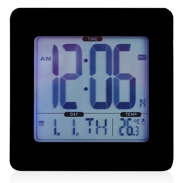 Blå Baggrundsbelyst LCD Digitalt Vækkeur Kalender Temperaturvisning Sort