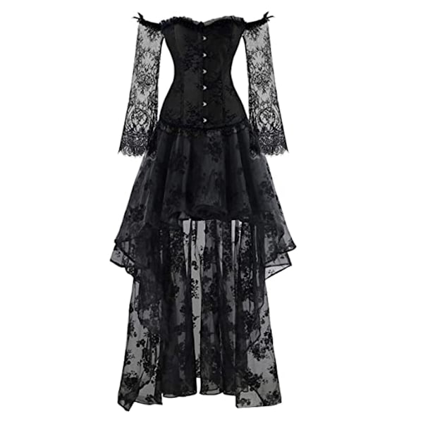Steampunk-korsett for kvinner med blonder, off-shoulder topp, korsett med høy-lav skjørt, festantrekk - Svart