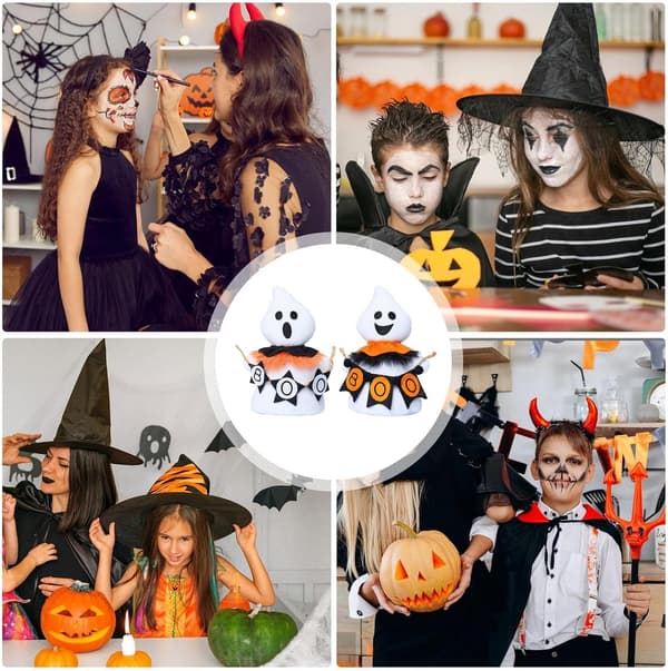 Halloween-karakterer, 2 grinende dekorationsdukker, af stof -