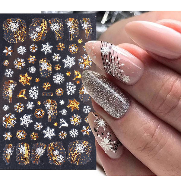 En set med 8 st julnagelklistermärken Snowflake 3D Nail Art Stickers Dekaler Laser Bronzing Christmas Nails Självhäftande dekaler Snowflake Elk Leaf
