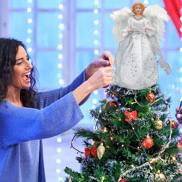 Christmas Tree Topper Angel 30 cm with LED Light and White Feathers, Christmas Decoration for Tree