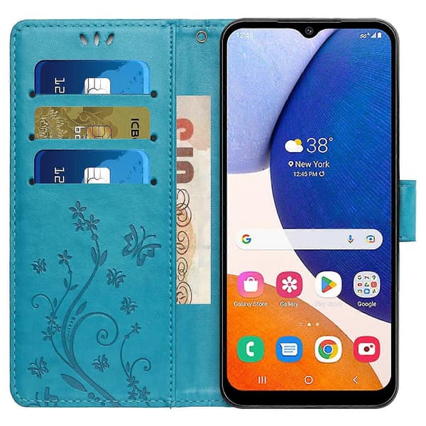 Futteral til Samsung Galaxy A55 5G med sommerfugllær, telefonfutteral med stativ og lommebok Blue