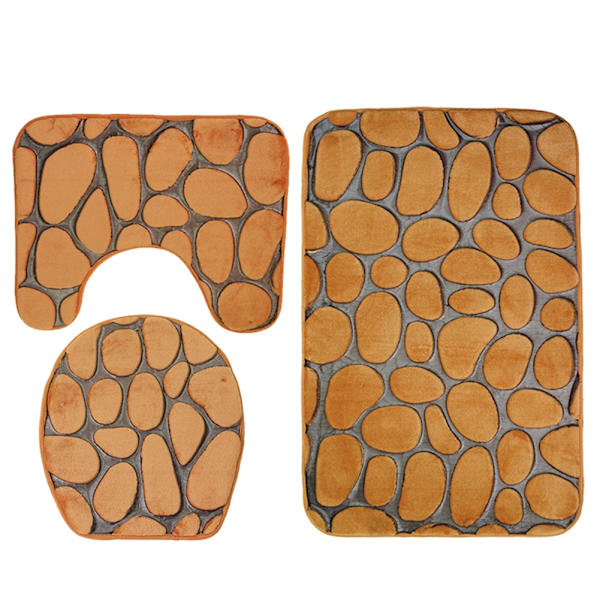3-pack 3D Cobblestone Tryckt Dammskyddande Vattenabsorberande Badrumsmatta Set (Beige)