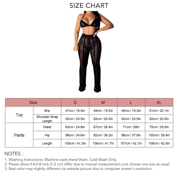 Dam Knypplad Hål-Ut Kostym Halter Neck Triangel Bh Långa Byxor Snygg Kryddig Casual Mesh Set för Musikfestival Semester Svart L