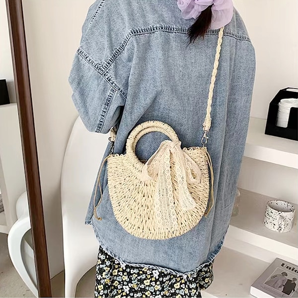 Strandväska i halm för kvinnor, vävd crossbody-väska, axelväska, handväska, plånbok för sommaren