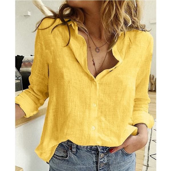 Solid Color Linen Blend Buttoned Collared Shirt for Women Yellow Yellow 5XL