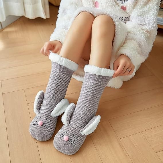 1 stk. lyserøde sokker dametøfler vinter varme skridsikre termiske slip-on