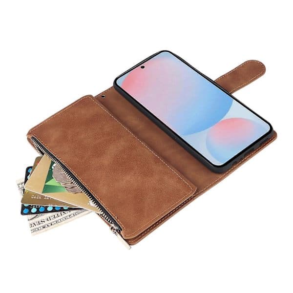Case for Samsung Galaxy A56 5G with Zipper, Wallet, Multiple Card Slots, Leather Case Brown