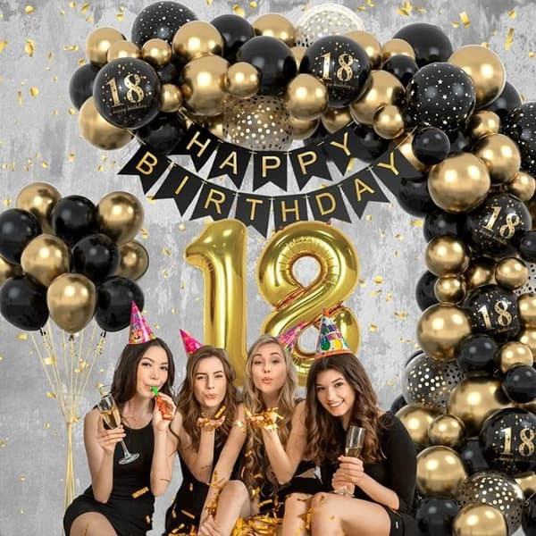 Sort Guld 18-års fødselsdagsdekorationssæt med ballonbue-kit til 1-års jubilæumsfejring[D]