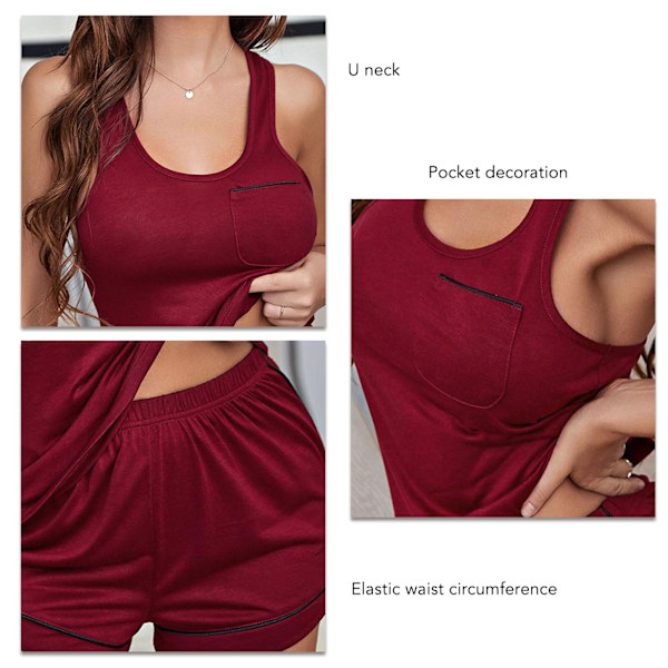 Ärmlös Pyjamas Set I-Formad Rygg U-Ringad Framficka Elastisk Midja Ärmlös Nattkläder Kit Röd S