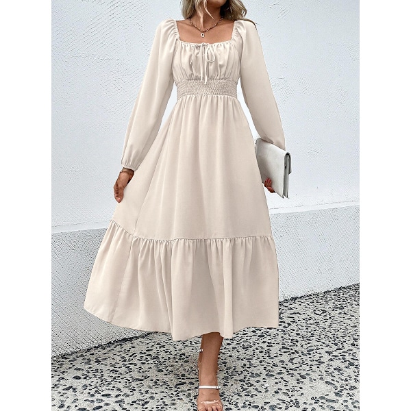 Kvinnors Puff Sleeve Långa Klänningar för Kvinnor Kvadratisk Hals Casual Plisserade Höstklänningar Rynkad Kant Mini Klänning