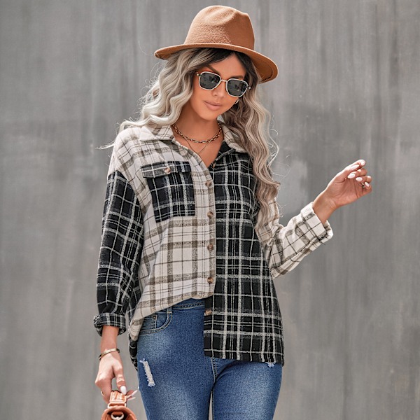 Dame Flannel Plaid Skjorter Oversize Knappet Skjorte Bluser Topper