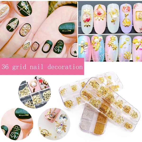 3D Nails Art Metall Berlocker Dubbar Juveler Dekaler Dekorationer Tillbehör 800+ bitar Guldnagel Mikrokaviarpärlor Star Moon Nit Design Tillbehör med