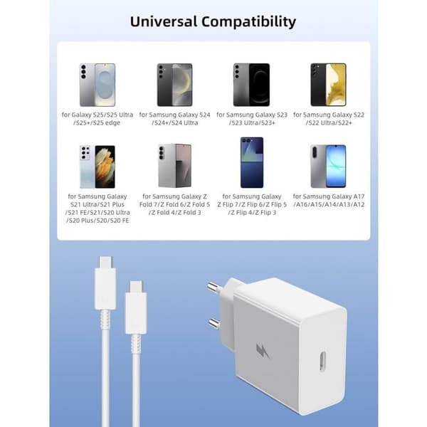 60W USB-C hurtigoplader til Samsung Galaxy S26 Ultra/A17/A16/A56/A36 – Inkluderer 1m USB-C-kabel (hvid)