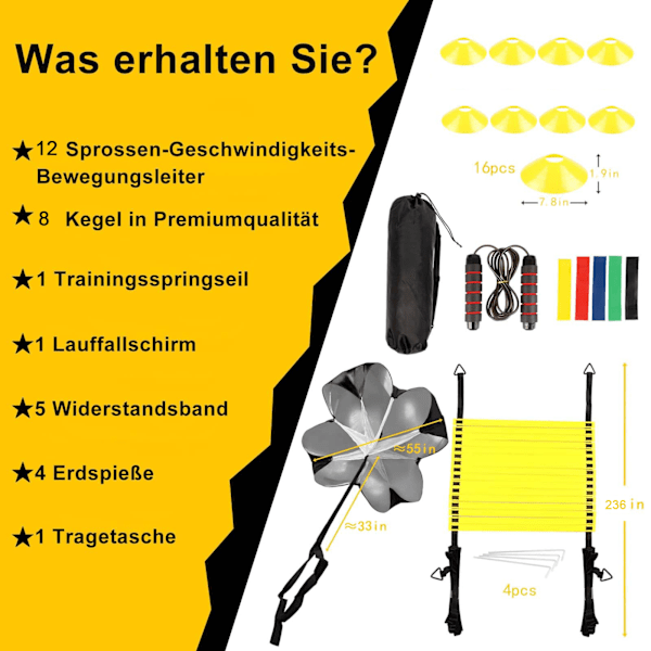 Set, Agility Speed ​​Ladder, Koordinationsstege, Set - Inklusive 6m träningsstege, 8 x slalomkoner,