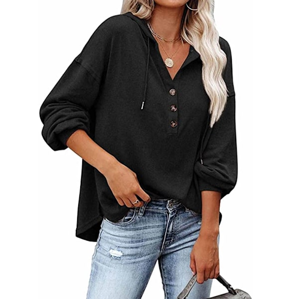 Huvtröja för kvinnor, Sweatshirt med knappar, Tonårs-toppar, Casual, Långärmad, Oversize, Tröja (svart)