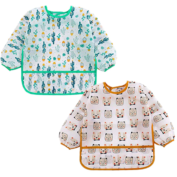 2-pack Långärmade Snuttset | Vattentäta Bebissnuttar med Fickor | Småbarnssnutt med Ärmar och Smulhållare | Fläck- och Luktresistent