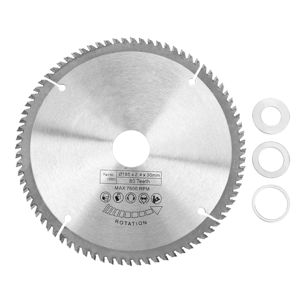 185mm Silver TCT Cirkelsågblads för Träskärning 80 Tänder + 3 st Reduceringsringar