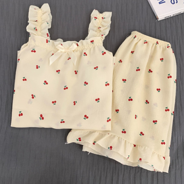 Camisole Pyjamas Tvådelad Set med Bröstkuddar Lös Mjuk Hudvänlig Sommarpyjamas Set för Flickor Körsbär XL