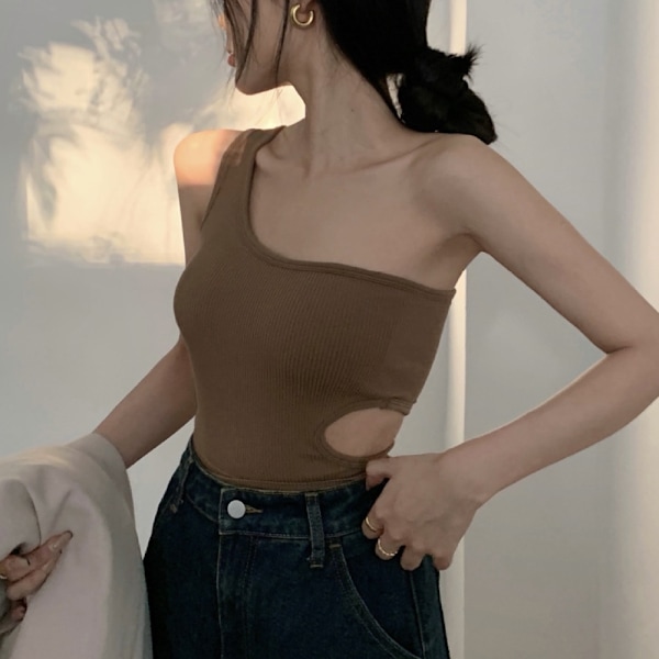 Sexig Rynkad En-axlad Ärmlös Crop Top Strapig Cami Tank