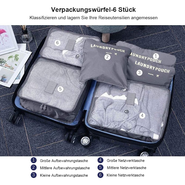 6-delt Rejsestoragepose Multifunktionel TøjSorteringspakke Rejsepaknings Kompressionspose Bagageopbevaringspose