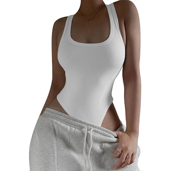 Ärmlös U-ringad Bodysuit med Hål i Ryggen för Kvinnor Elegant Enfärgad Slim Fit Ribbstickad Bodysuit för Fest Vit L