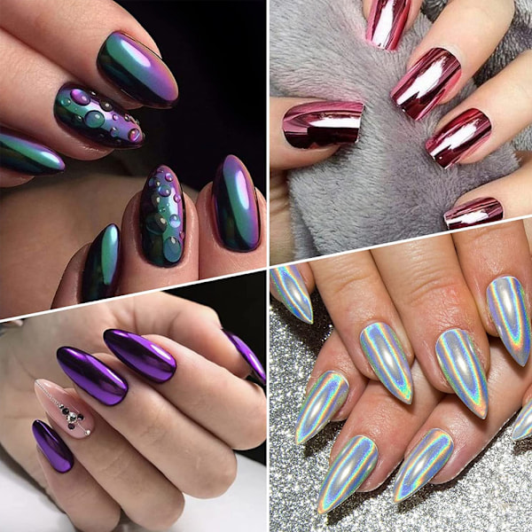 Nagelpulver, lämpligt för naglar, metallkrom gaspenna holografiskt pulver med spegeleffekt i 6 färger
