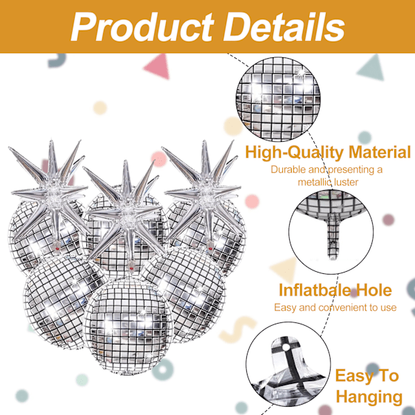 9 st Disco Ballonger, 4D Spegel Metalliska Ballonger Silver Explosion Star Foil Cone Ballonger, Stor Starburst Point Star Ballong för Disco Dance