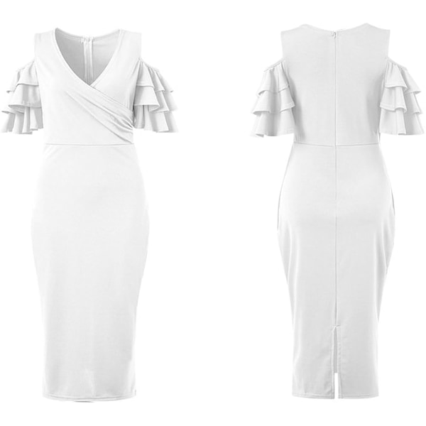 Elegant Sexig Festklänning med Volangärmar, Kalla Axlar, V-ringning, Midi-längd, Bodycon