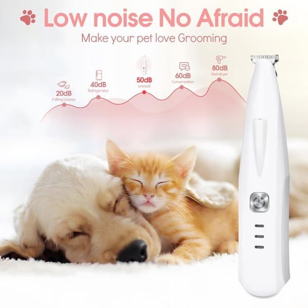 Hunde- og katteklipper - USB Type-C genopladelig pote-trimmer, LED, støjsvag <45 dB, keramisk klinge