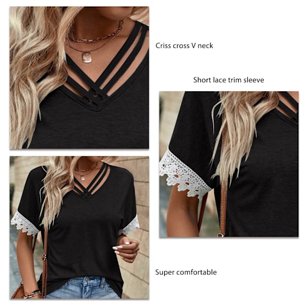 Sommartopp för kvinnor, lös, kort, spetskant på ärmarna, korsad V-ringning, T-shirt för dam, svart, storlek L