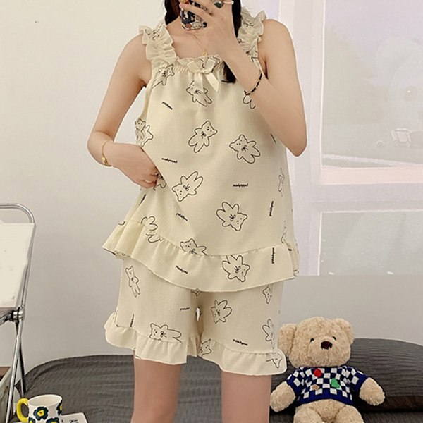 Dam Pyjamas Set Ärmlös Tank Top Casual Shorts Mjölksiden Mjuk Hudvänlig 2-Delar Sommarsovkläder Björnmönster XL