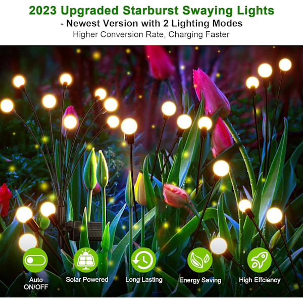 Solar Garden Lights - Nytt uppgraderat Solar Swaying Light, 8LED Starburst Solar Outdoor Lights, Solar Firefly Lights Outdoor Waterproof Solar Garden