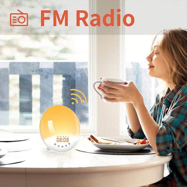 Wake Up Light Sunrise Alarm Clock, 7 färger nattlampa vid sängen med soluppgång/solnedgång simulering, dubbla larm, snooze-funktion, FM-radioklocka & 7