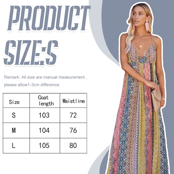 Sommarmaxi-klänning för kvinnor, boho-stil, fest, lång, semester, V-ringning, spaghettiband, bohemiskt tryck, blommig, strandklänning
