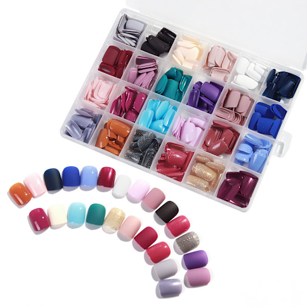24 Farger Matte Trykte Negl, Falske Negl, Akryl Falsk Neglsett, Kvadratisk Kort Trykte Negl, Små Neglspiss Pinky Falske Negl
