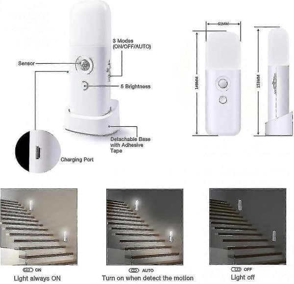 Motion Sensor Night Light Indoor USB Rechargeable Bedside Lamp Portable Night Light with Adjustable (Warm Light)